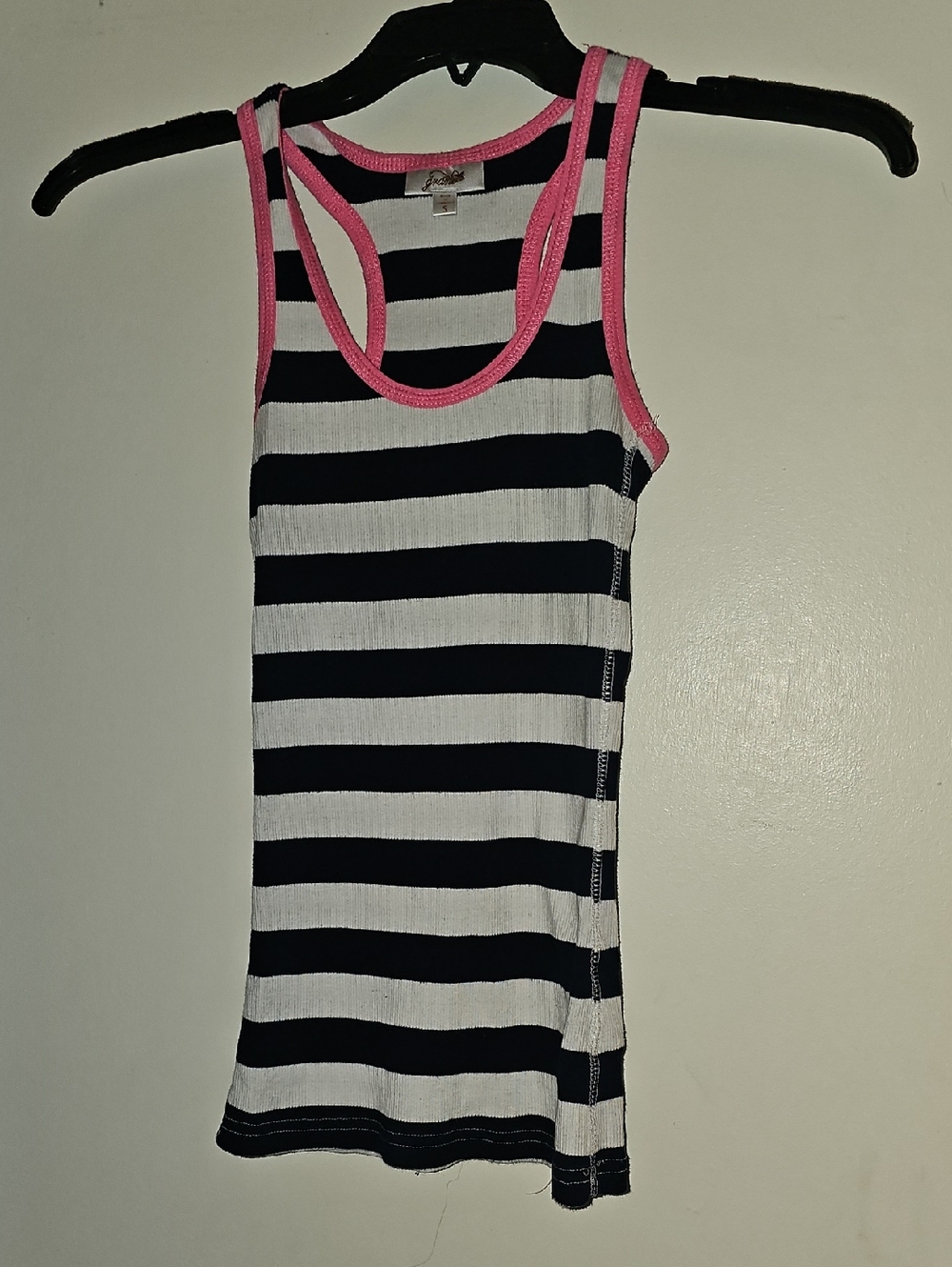 Grane Black and White Striped Ribbed Tank with Pink Trim